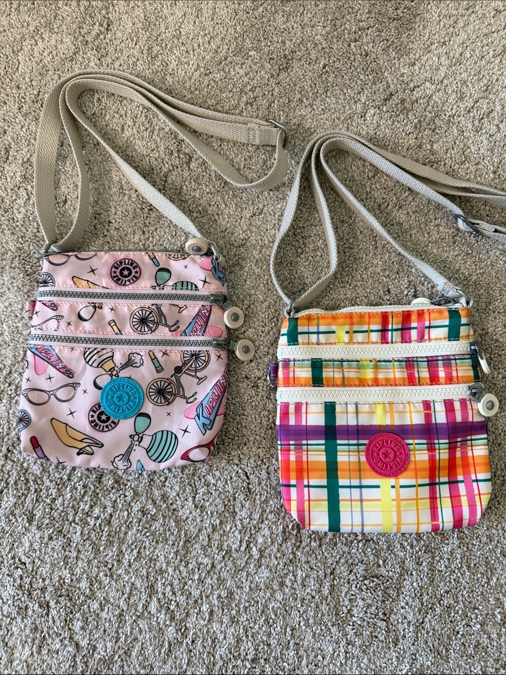 Set of 2 Kipling Pink Novelty Print & Multicolor Plaid Crossbody Set